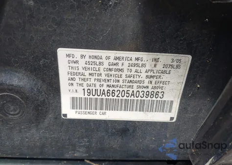 2005 Acura Tl from USA, damaged, VIN 19UUA66205A039863